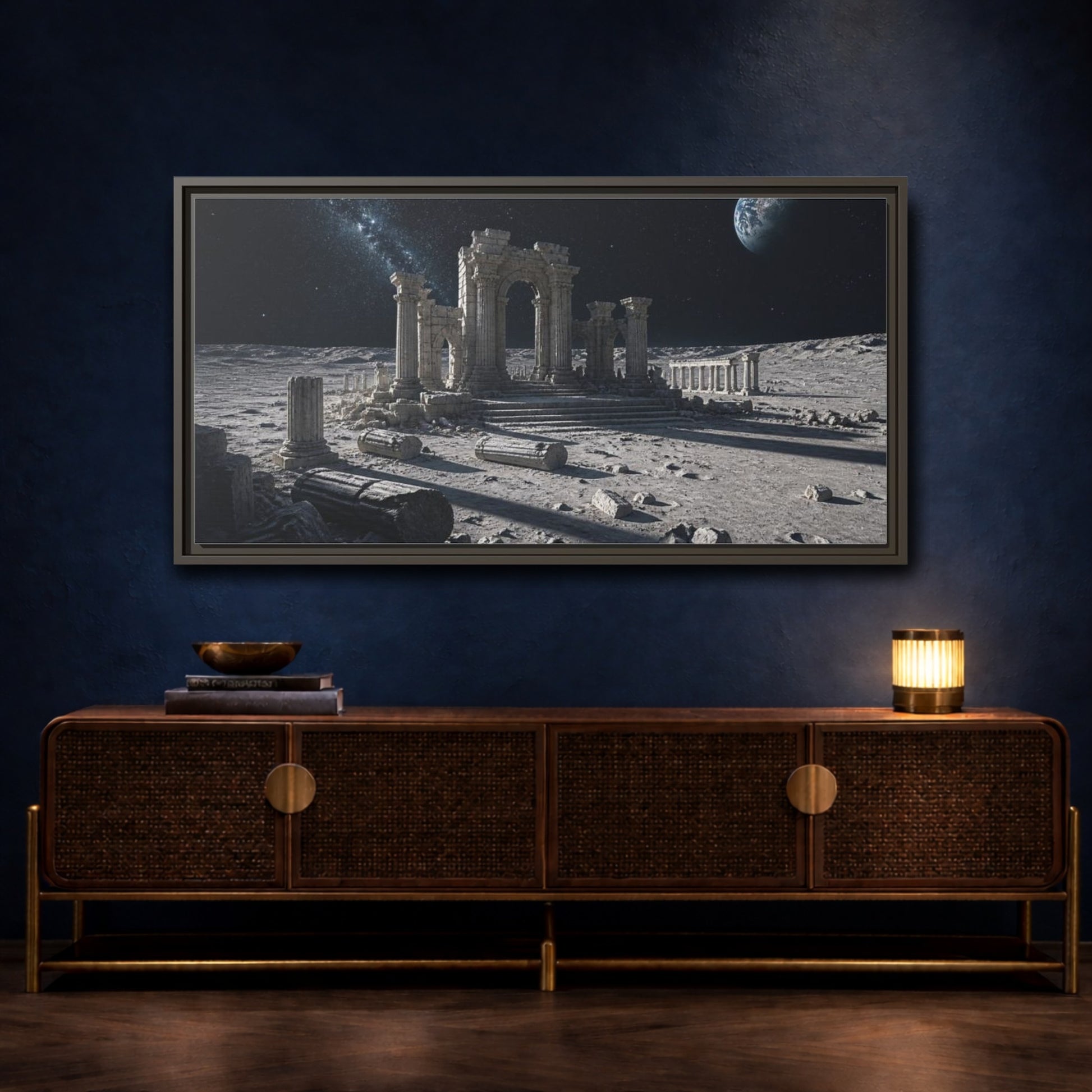 Mockup 4. Moonlit Ancient Ruins shown as framed canvas print