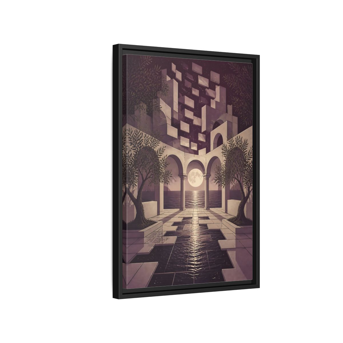 Side Mockup 3. Moonlit Archway Seascape shown as framed canvas print
