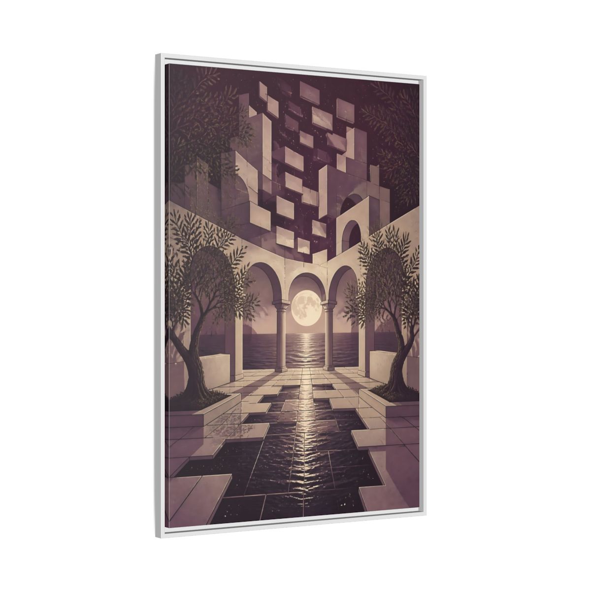 Side Mockup 7. Moonlit Archway Seascape shown as framed canvas print