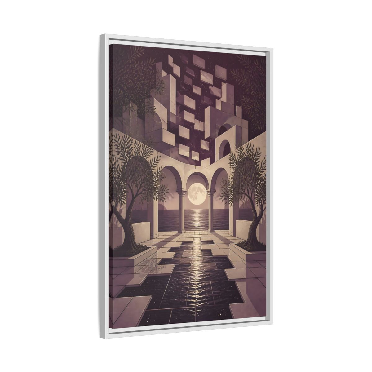 Side Mockup 10. Moonlit Archway Seascape shown as framed canvas print