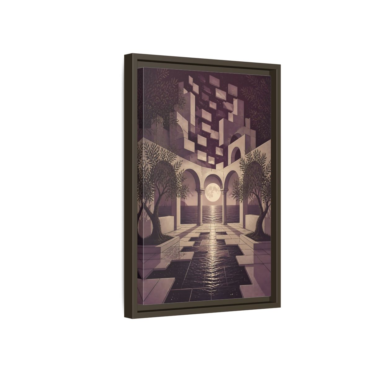 Side Mockup 5. Moonlit Archway Seascape shown as framed canvas print