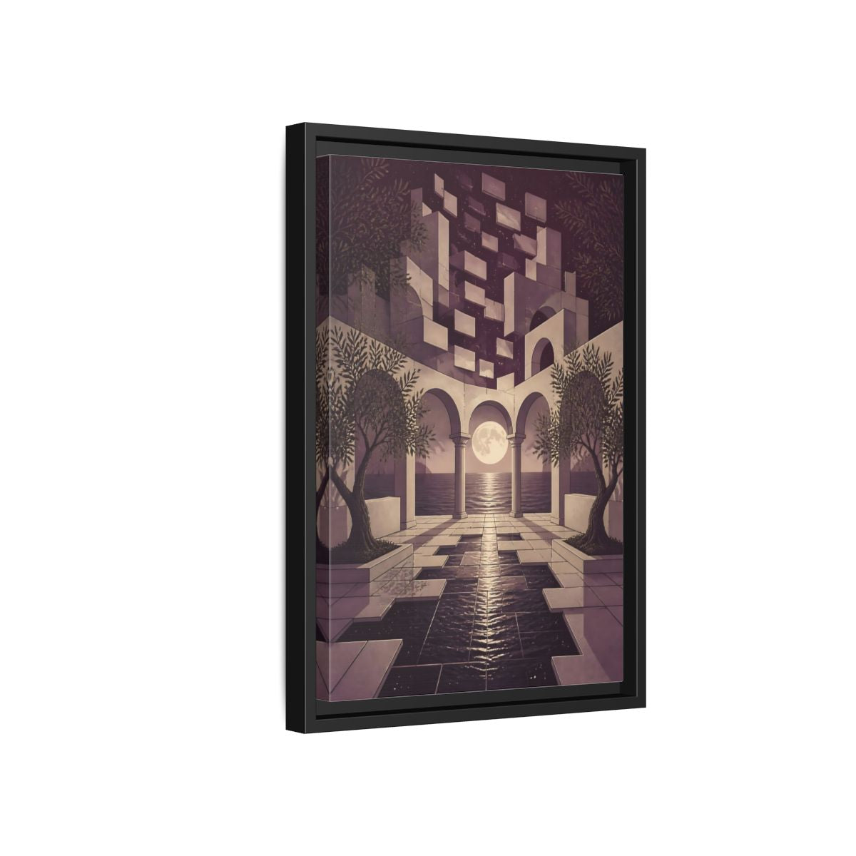 Side Mockup 6. Moonlit Archway Seascape shown as framed canvas print