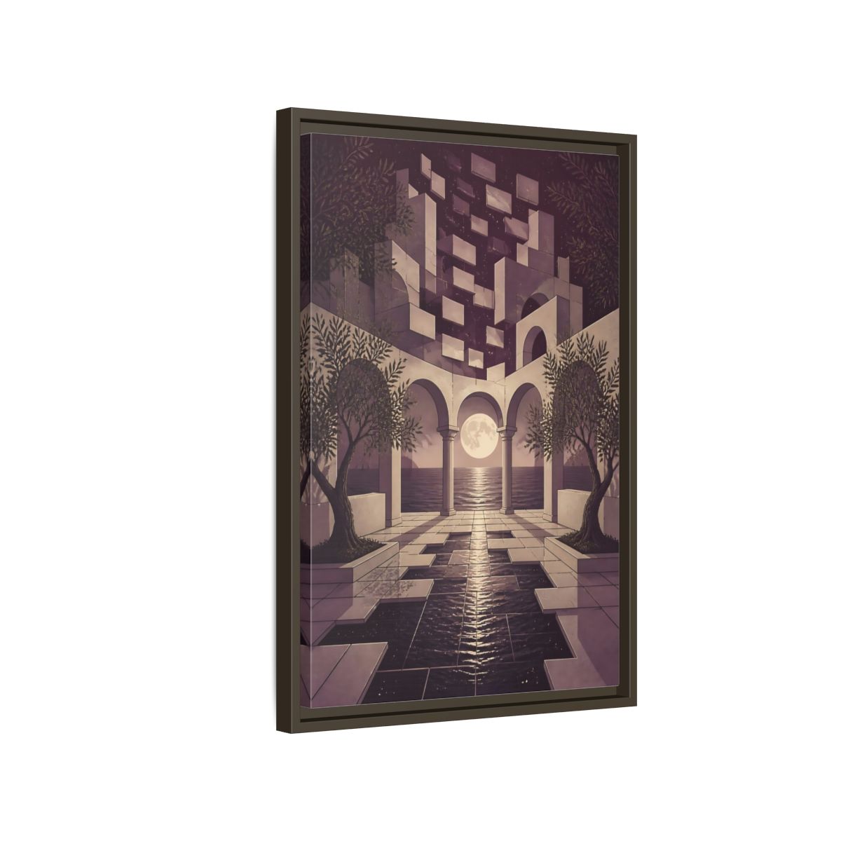 Side Mockup 2. Moonlit Archway Seascape shown as framed canvas print