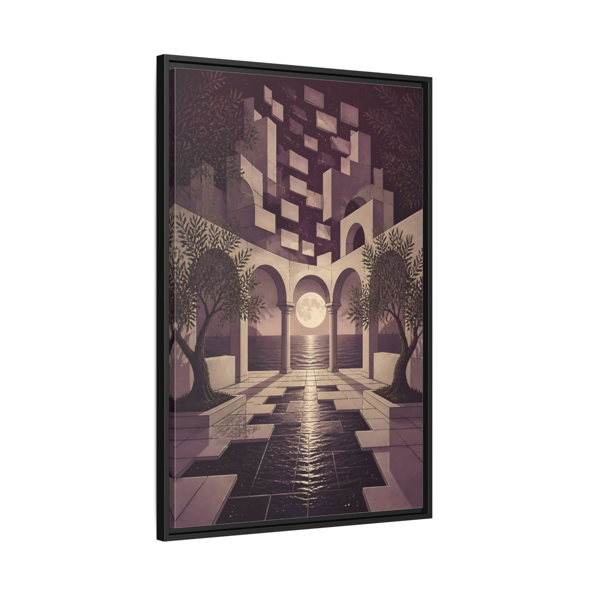 Side Mockup 13. Moonlit Archway Seascape shown as framed canvas print