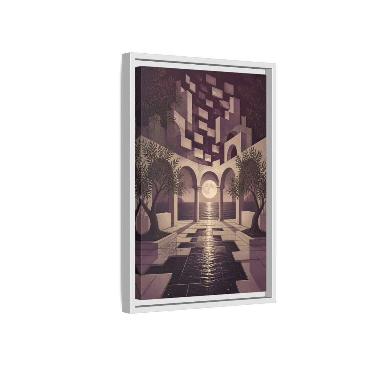 Side Mockup 4. Moonlit Archway Seascape shown as framed canvas print