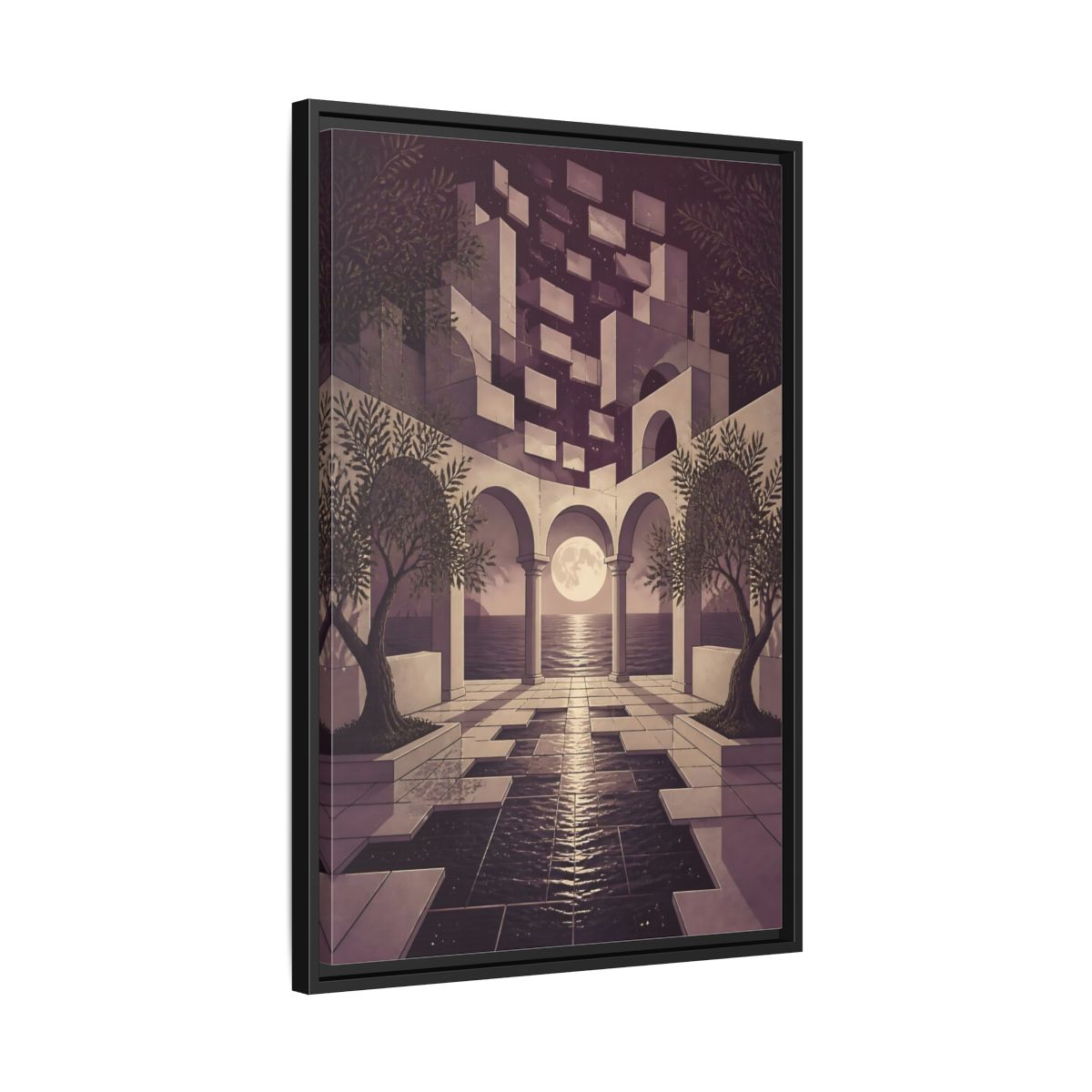 Side Mockup 14. Moonlit Archway Seascape shown as framed canvas print