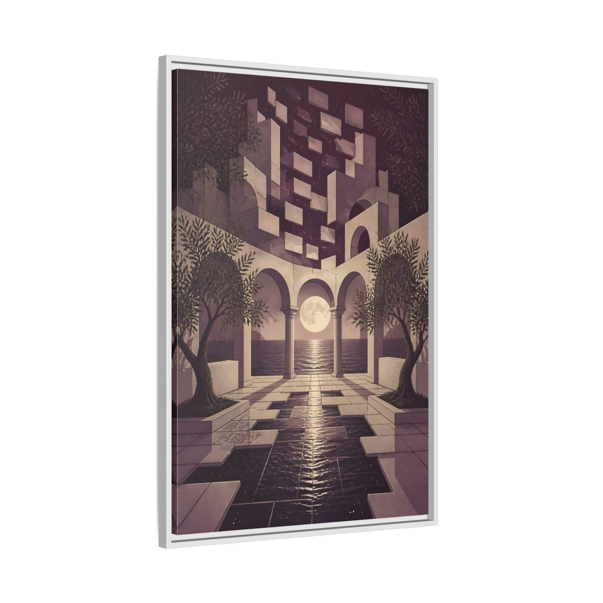Side Mockup 9. Moonlit Archway Seascape shown as framed canvas print