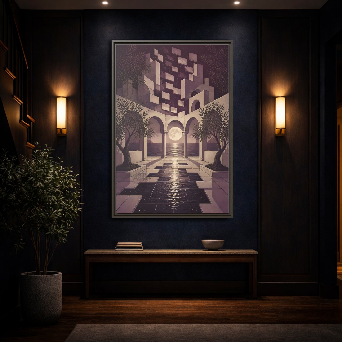 Mockup 4. Moonlit Archway Seascape shown as framed canvas print