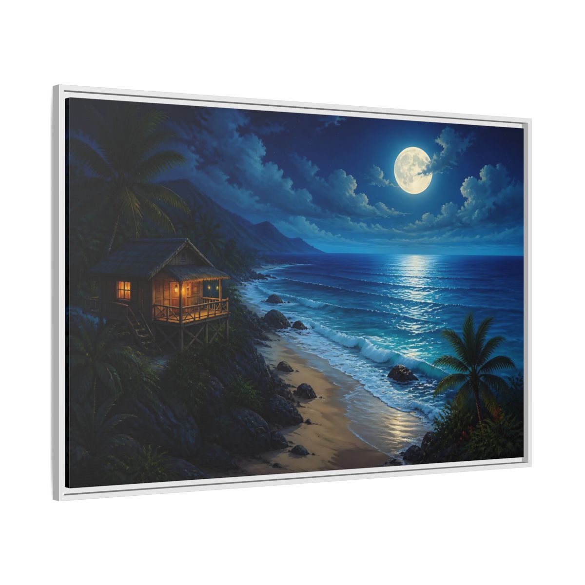 Side Mockup 7. Moonlit Beach Hut Landscape shown as framed canvas print