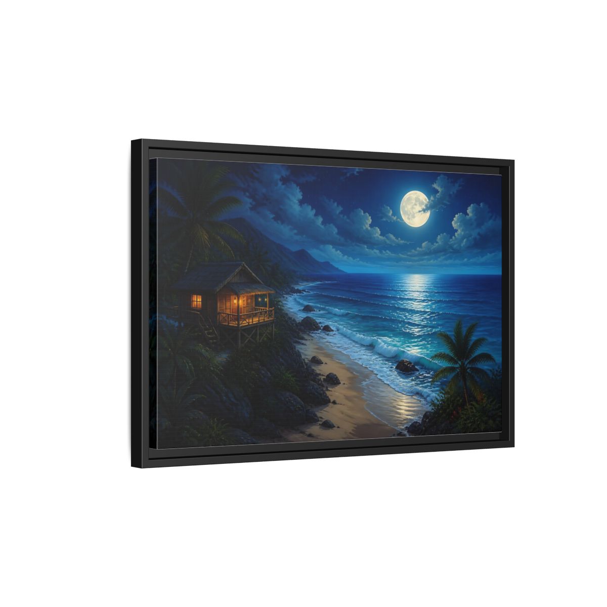 Side Mockup 3. Moonlit Beach Hut Landscape shown as framed canvas print