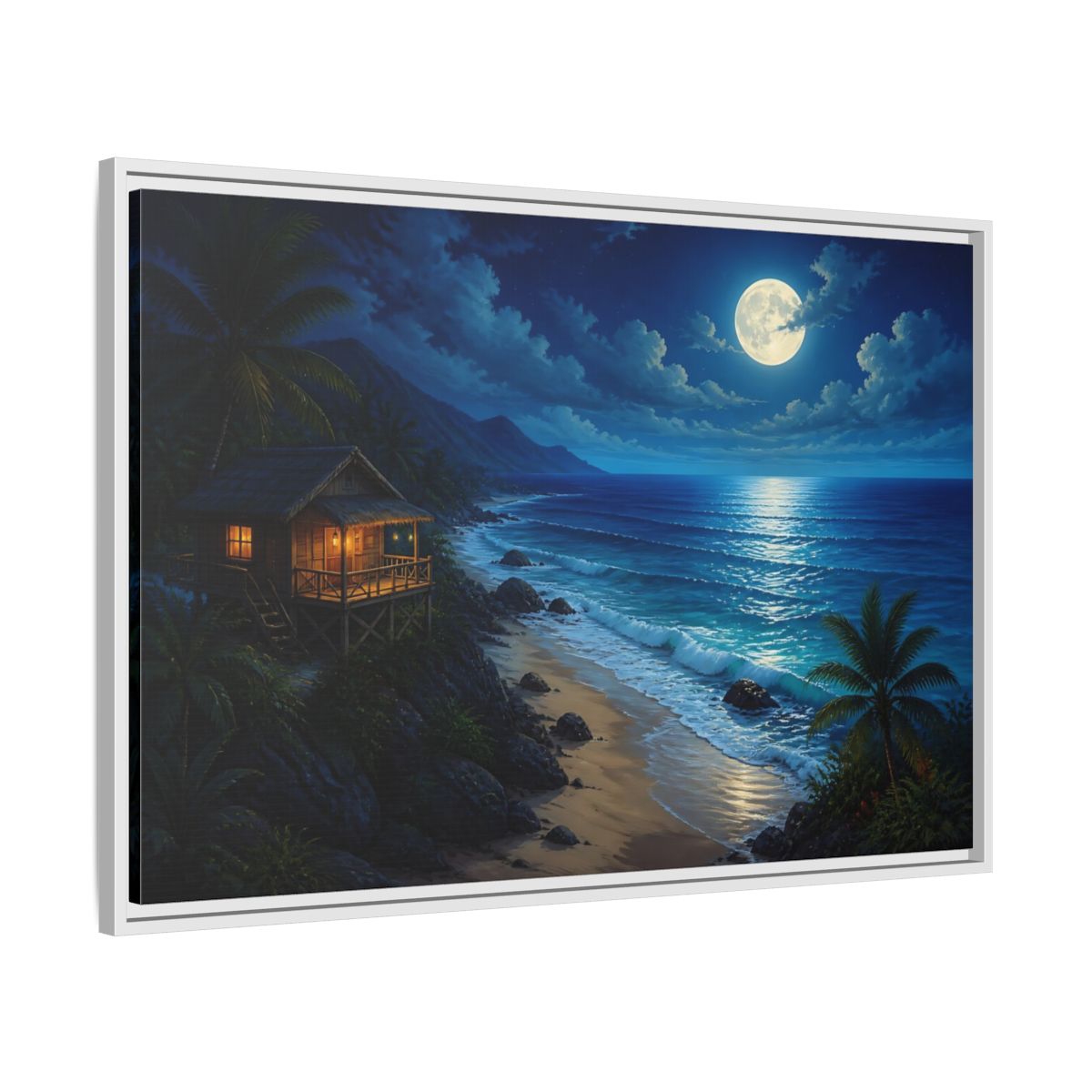 Side Mockup 9. Moonlit Beach Hut Landscape shown as framed canvas print