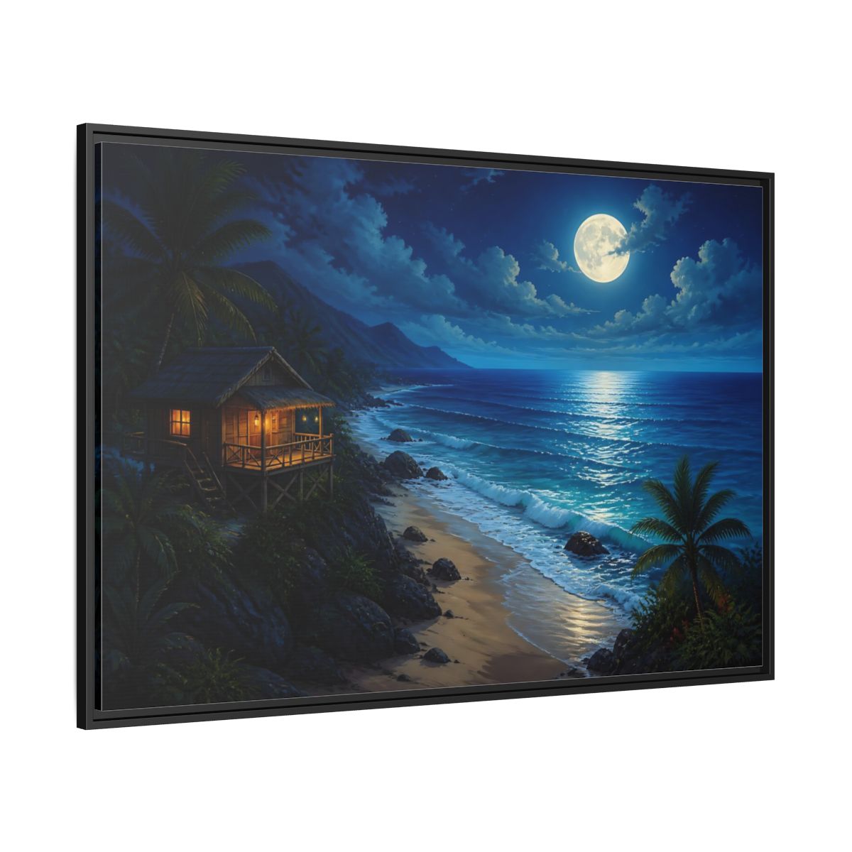 Side Mockup 12. Moonlit Beach Hut Landscape shown as framed canvas print