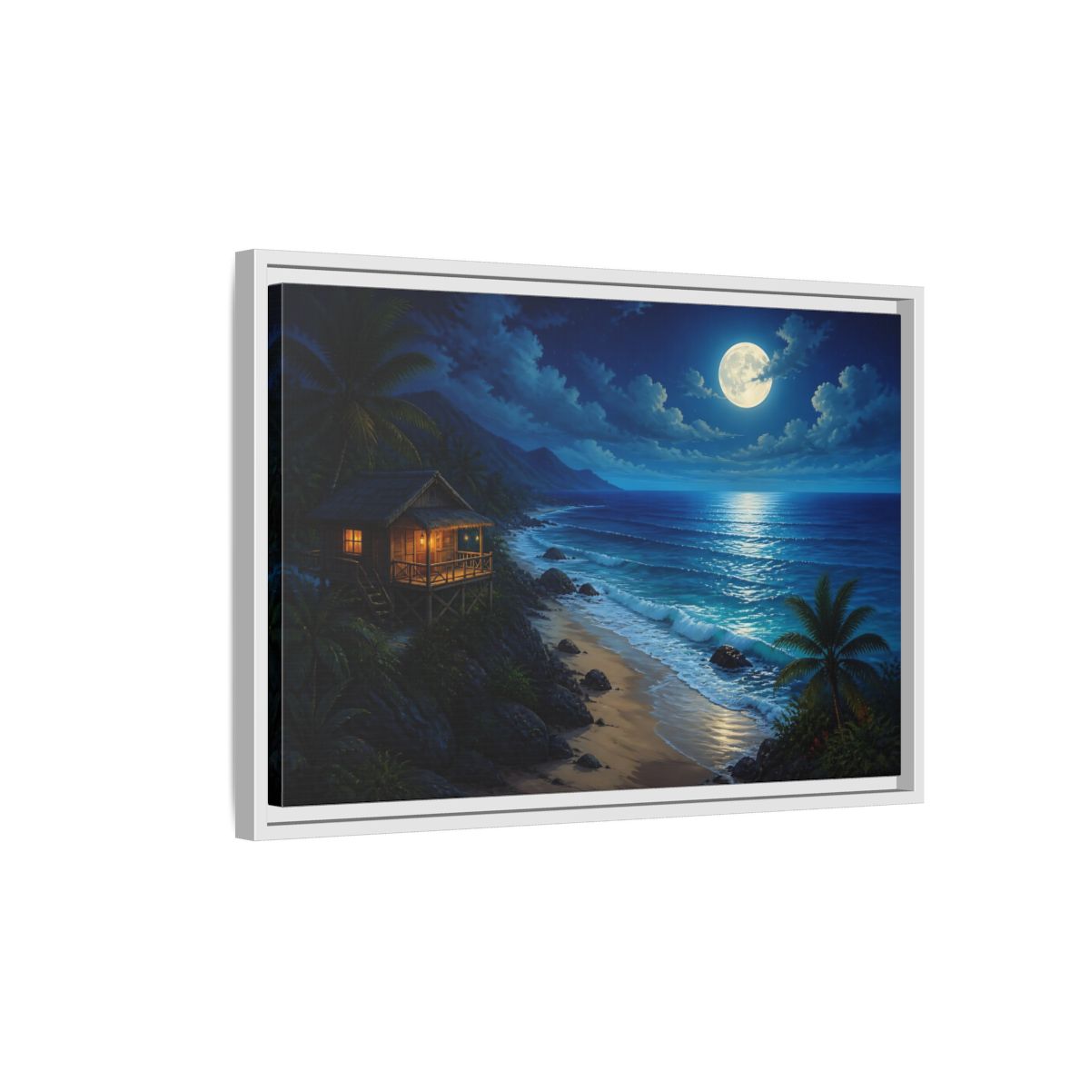 Side Mockup 1. Moonlit Beach Hut Landscape shown as framed canvas print