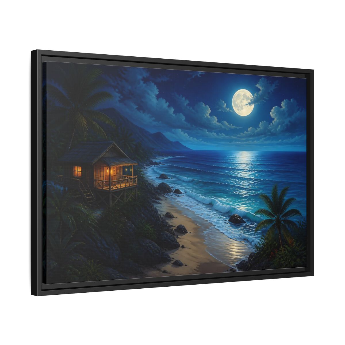Side Mockup 14. Moonlit Beach Hut Landscape shown as framed canvas print