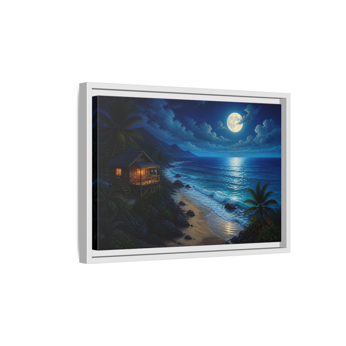 Side Mockup 4. Moonlit Beach Hut Landscape shown as framed canvas print