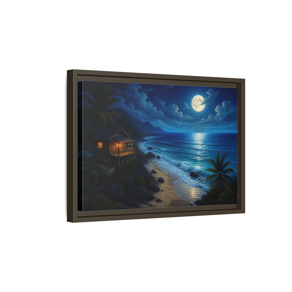 Side Mockup 5. Moonlit Beach Hut Landscape shown as framed canvas print