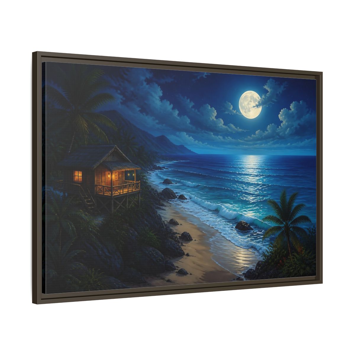 Main Mockup. Moonlit Beach Hut Landscape shown as framed canvas print