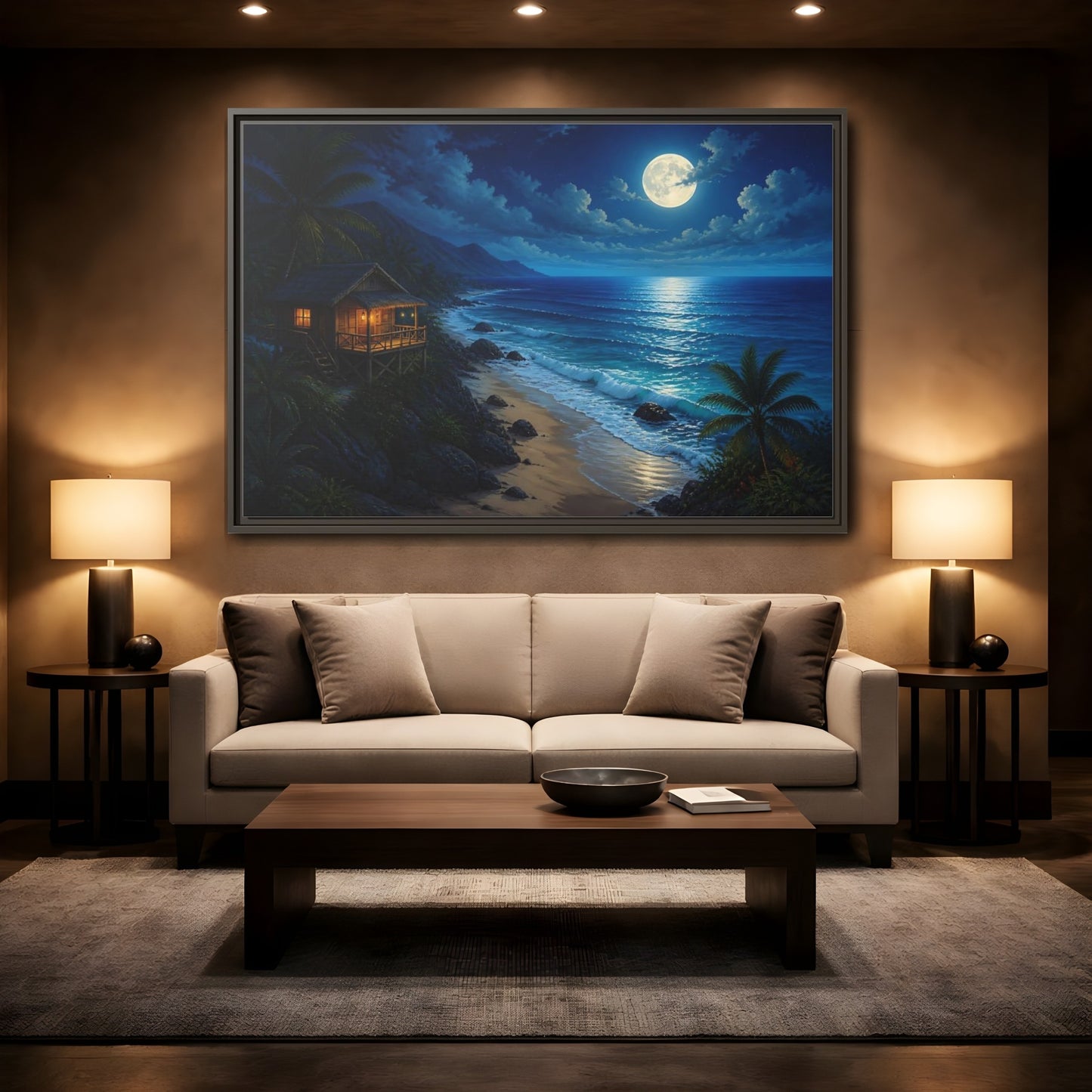 Mockup 2. Moonlit Beach Hut Landscape shown as framed canvas print