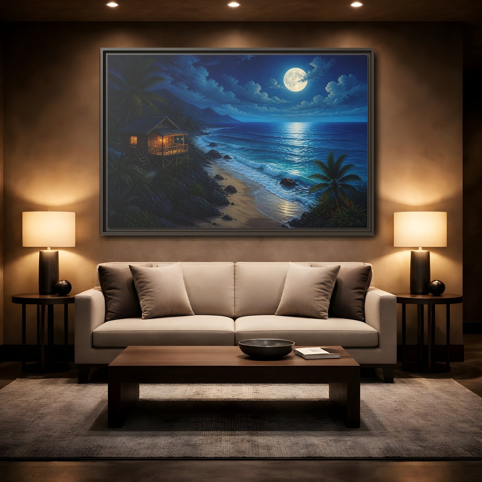 Mockup 2. Moonlit Beach Hut Landscape shown as framed canvas print