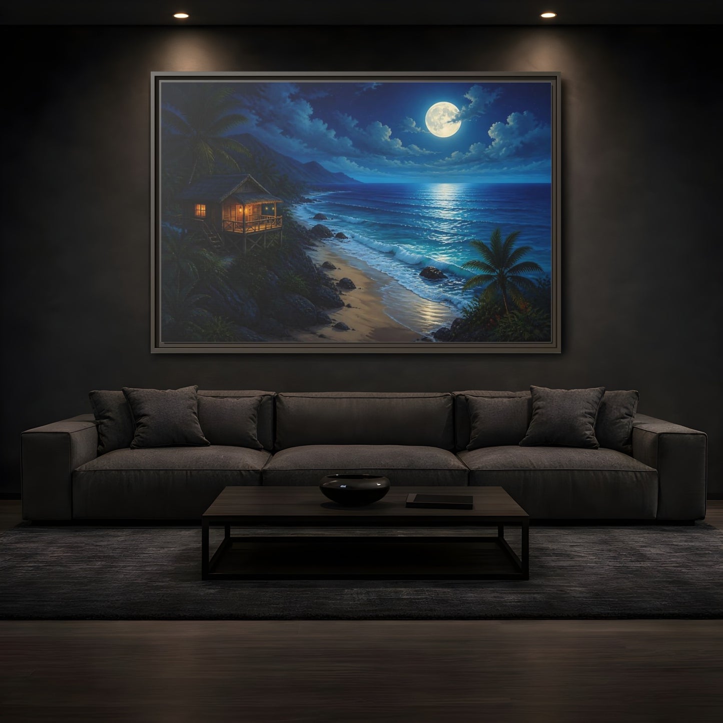 Mockup 3. Moonlit Beach Hut Landscape shown as framed canvas print