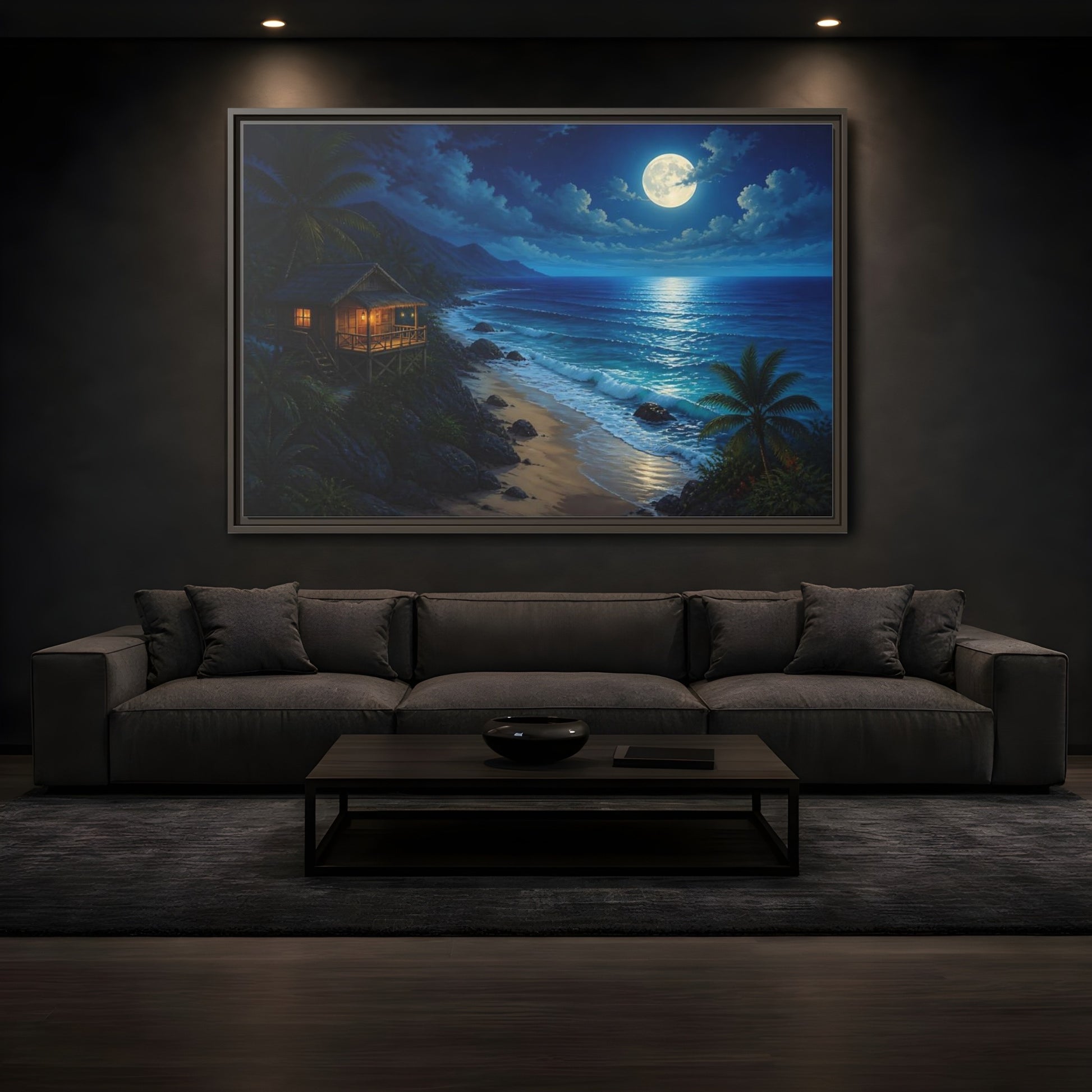 Mockup 3. Moonlit Beach Hut Landscape shown as framed canvas print