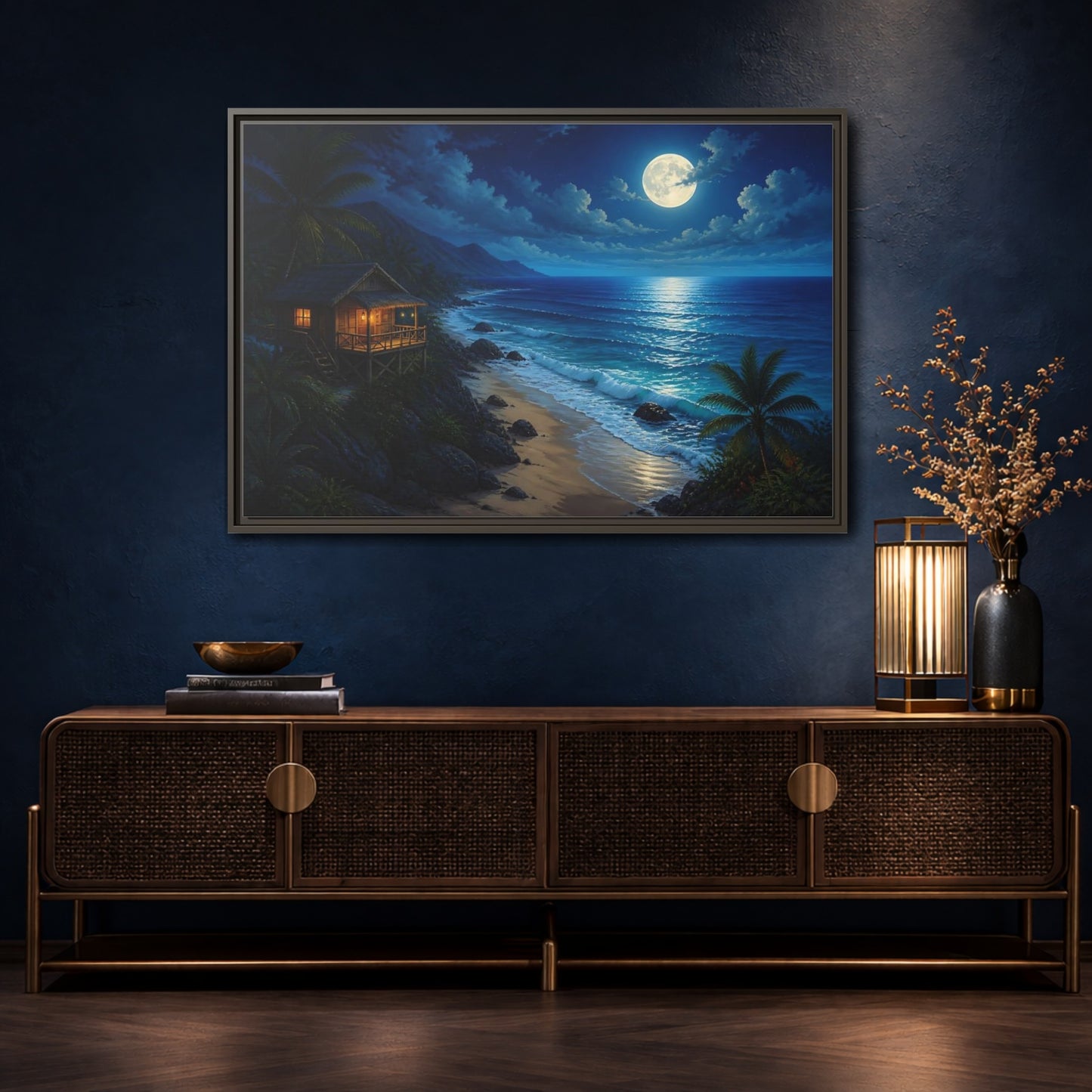 Mockup 4. Moonlit Beach Hut Landscape shown as framed canvas print