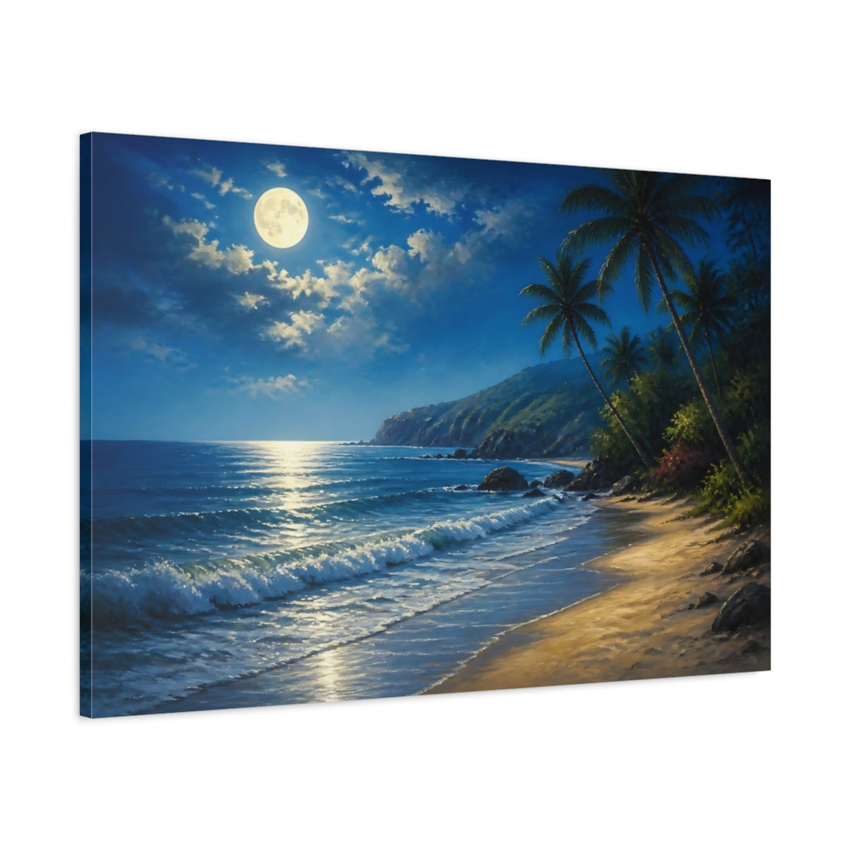Main Mockup. Moonlit Beach Landscape shown as canvas print