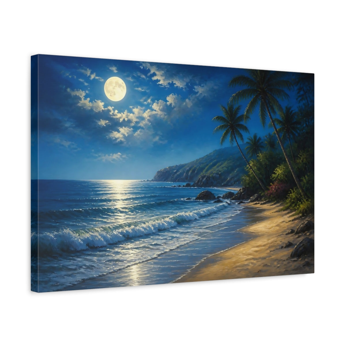 Side Mockup 3. Moonlit Beach Landscape shown as canvas print