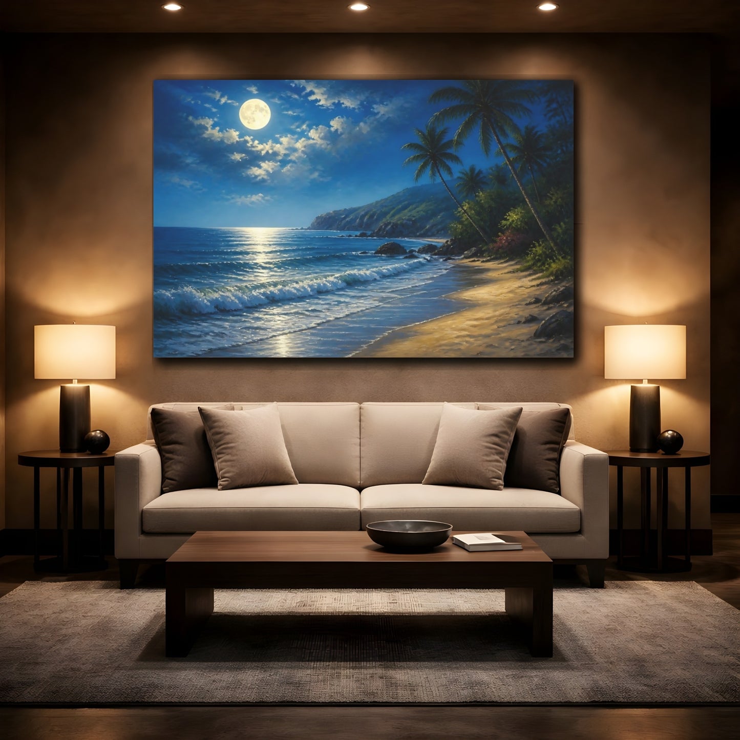 Mockup 2. Moonlit Beach Landscape shown as canvas print