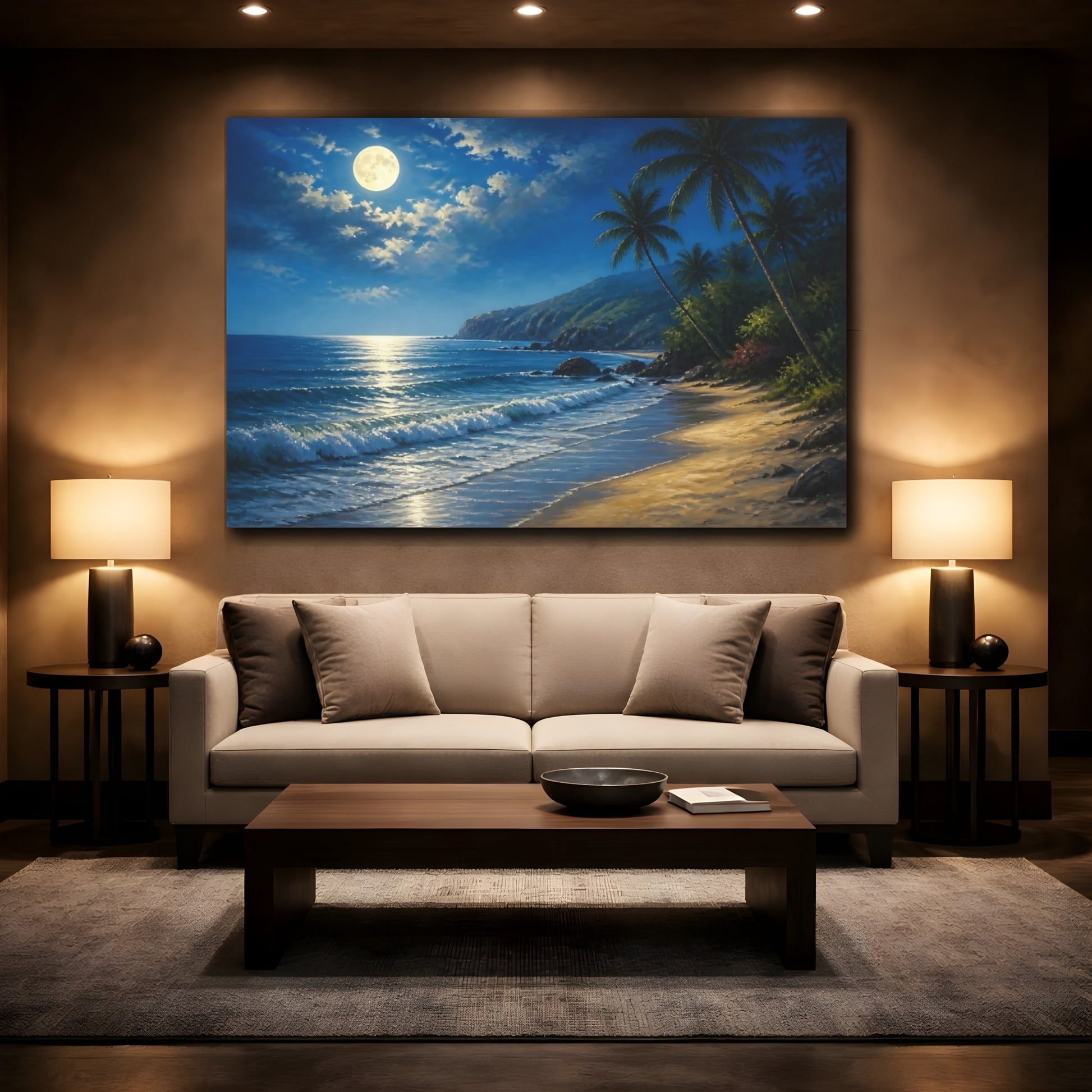 Mockup 2. Moonlit Beach Landscape shown as canvas print