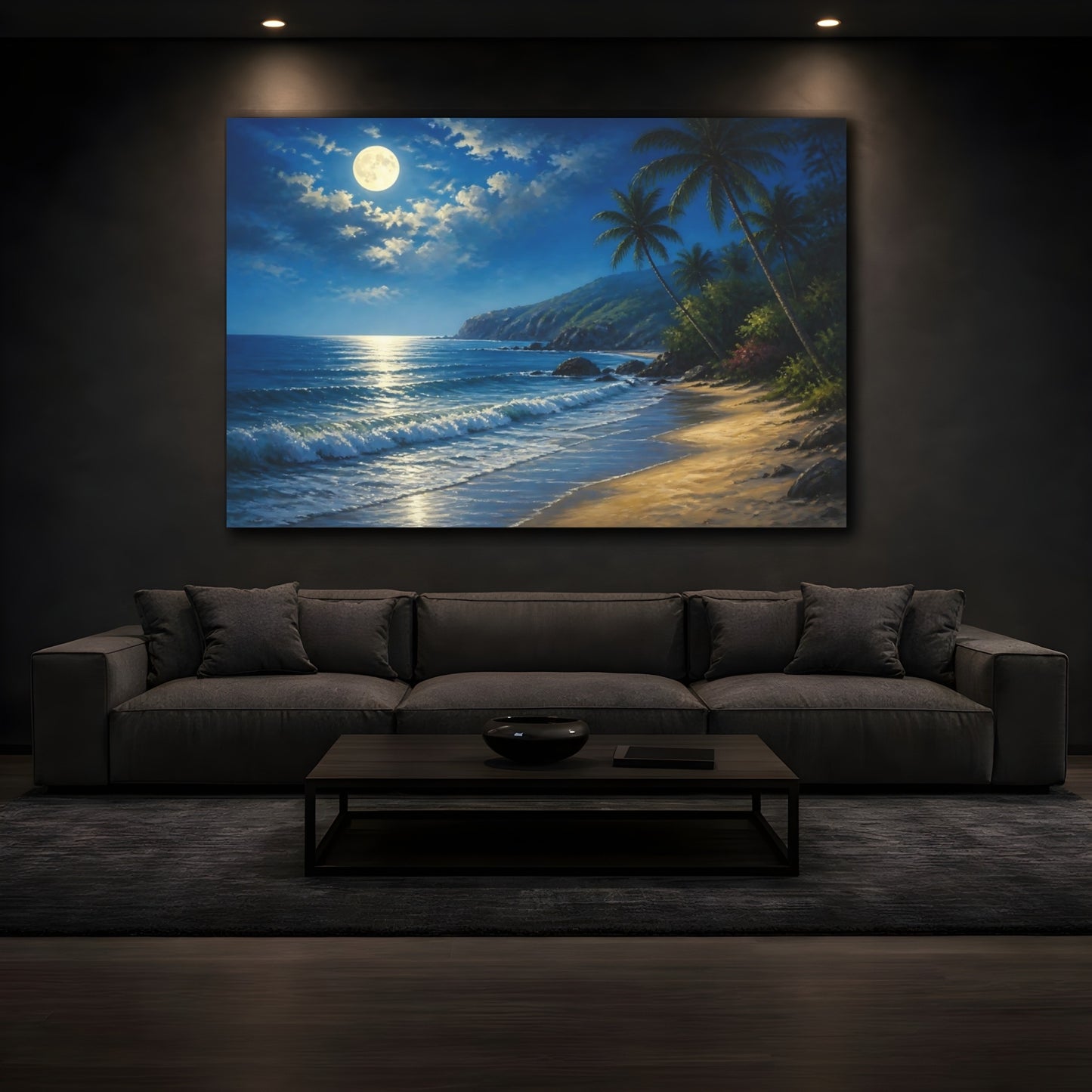 Mockup 3. Moonlit Beach Landscape shown as canvas print
