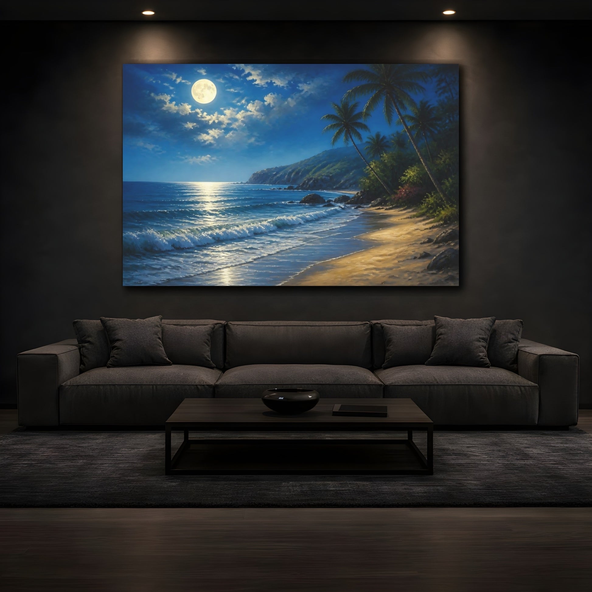Mockup 3. Moonlit Beach Landscape shown as canvas print