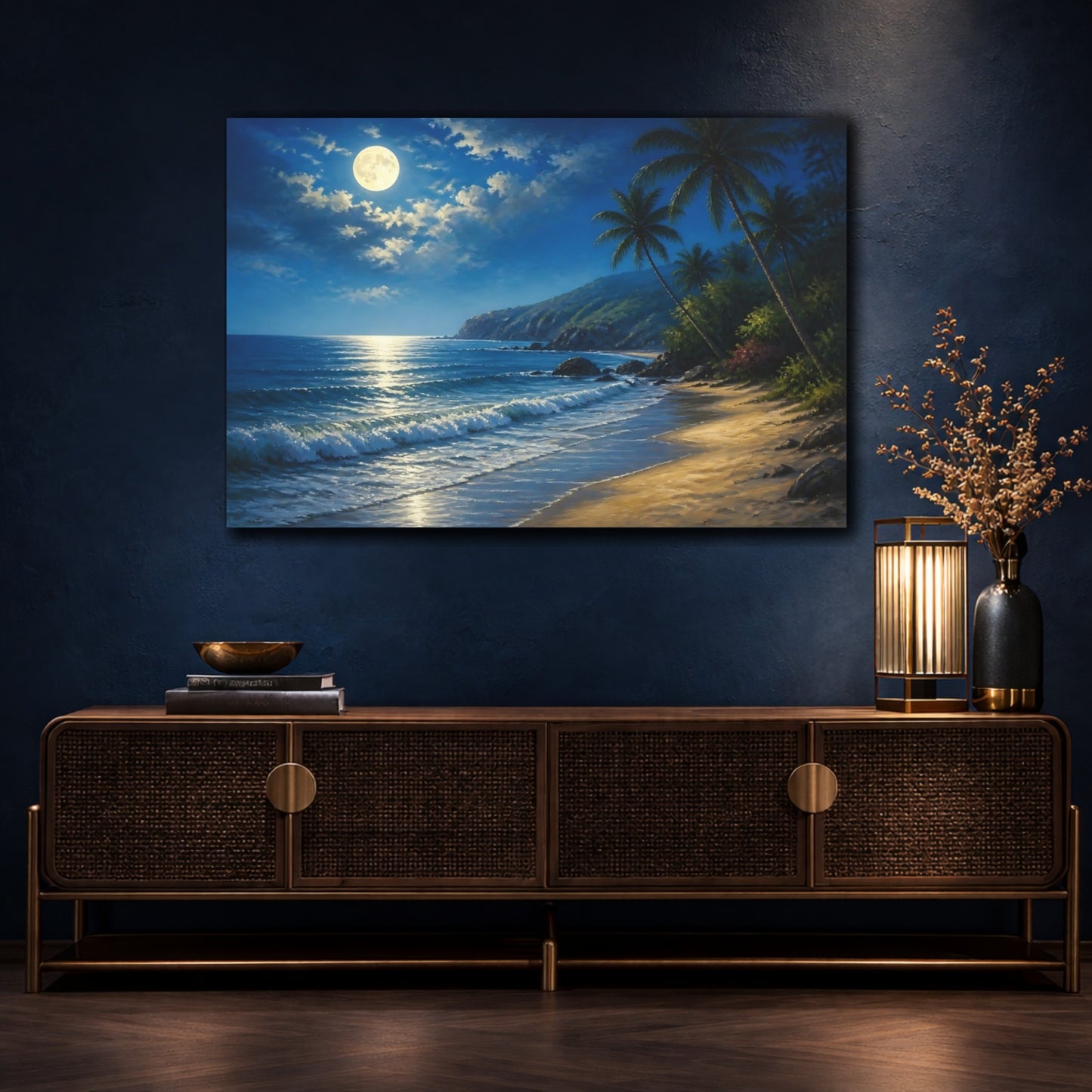Mockup 4. Moonlit Beach Landscape shown as canvas print