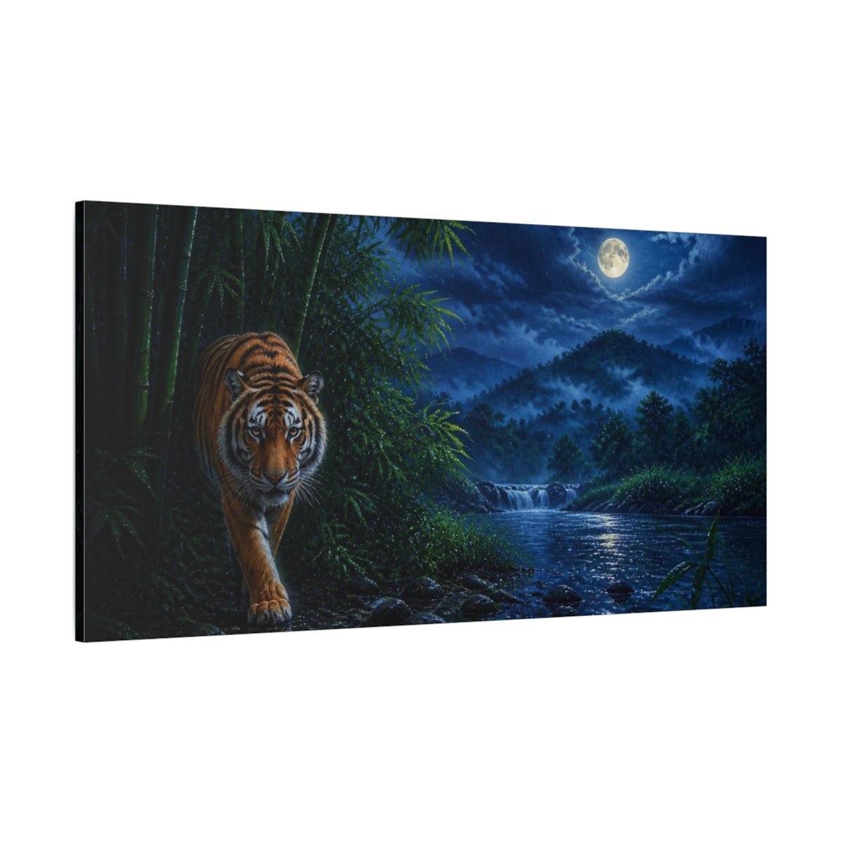 Side Mockup 2. Moonlit Bengal Tiger Animals shown as canvas print