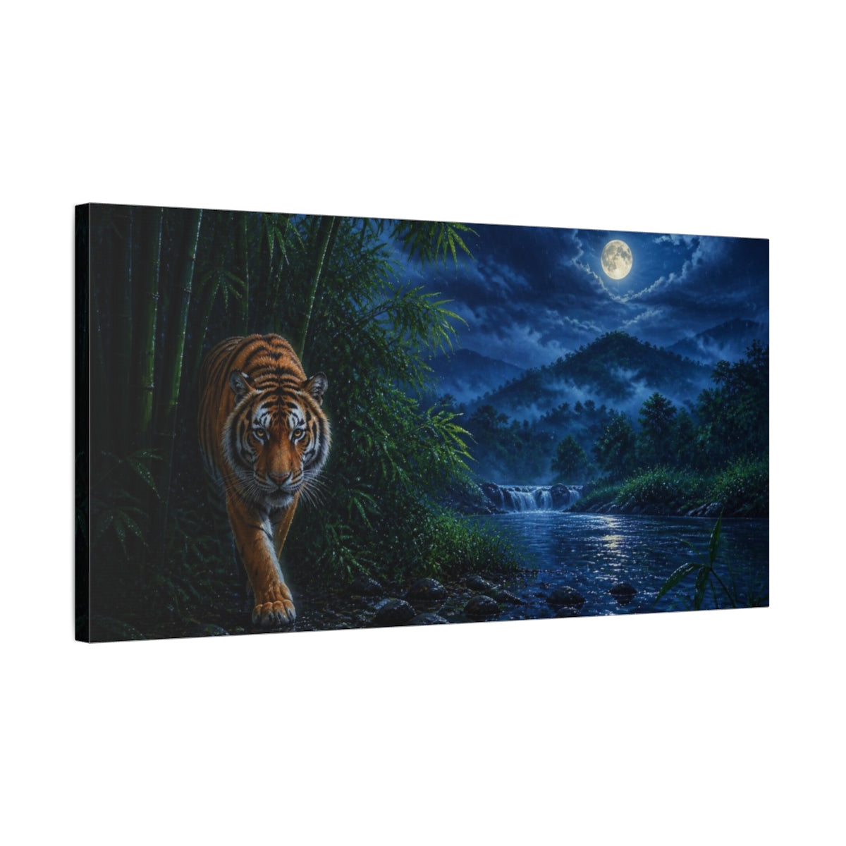 Side Mockup 1. Moonlit Bengal Tiger Animals shown as canvas print