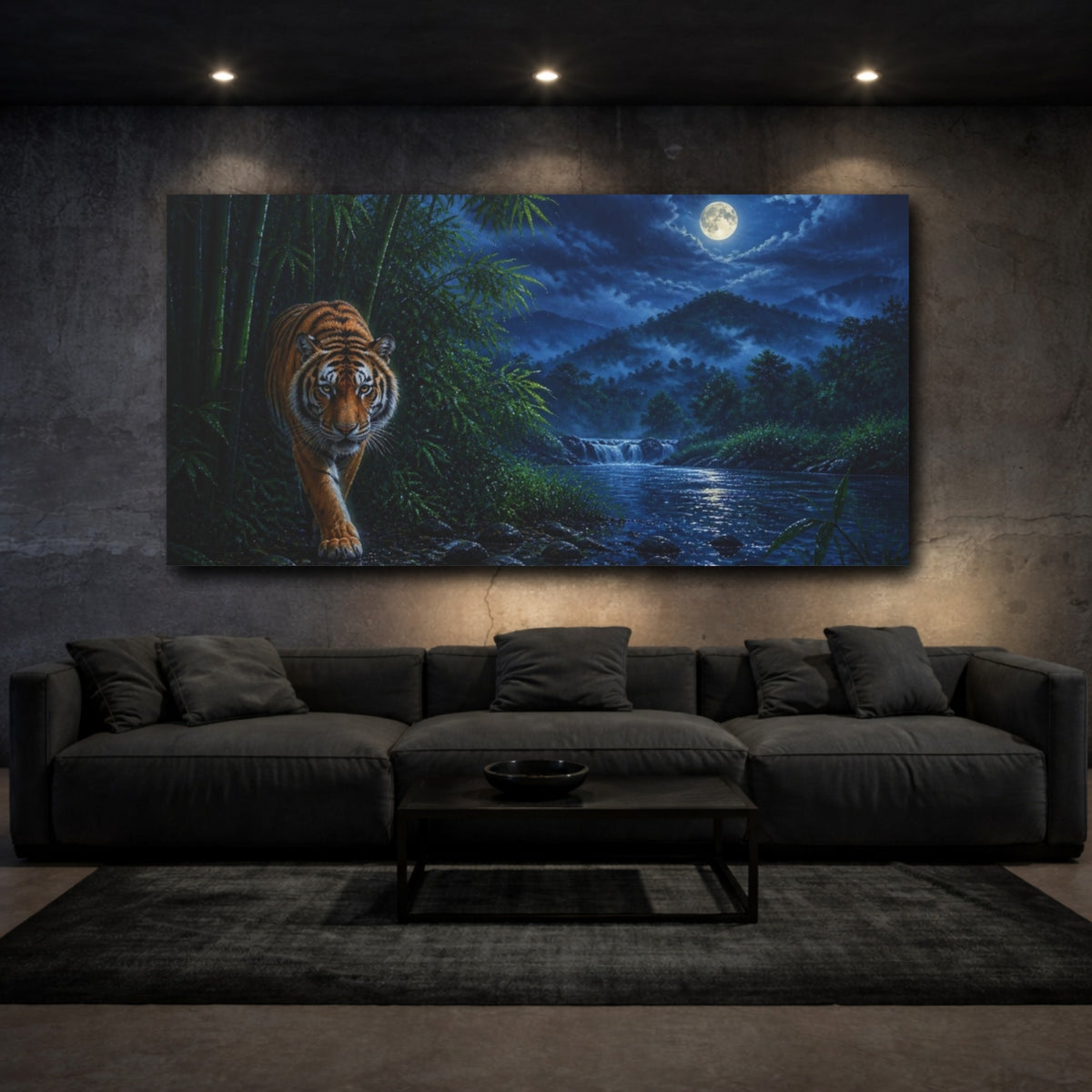 Mockup 3. Moonlit Bengal Tiger Animals shown as canvas print