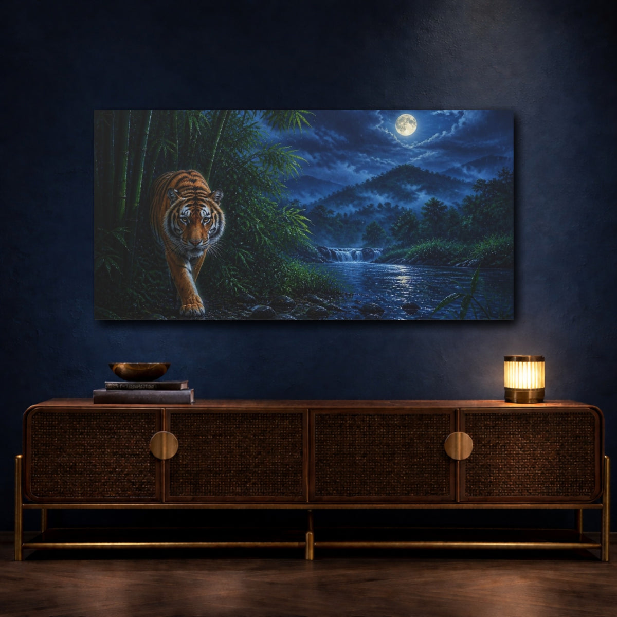 Mockup 4. Moonlit Bengal Tiger Animals shown as canvas print
