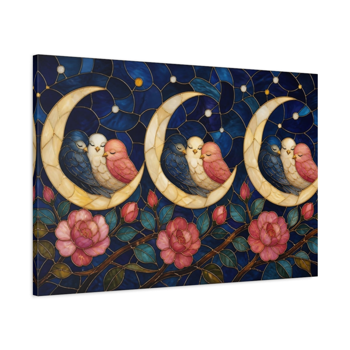 Main Mockup. Moonlit Birds On Crescent shown as canvas print