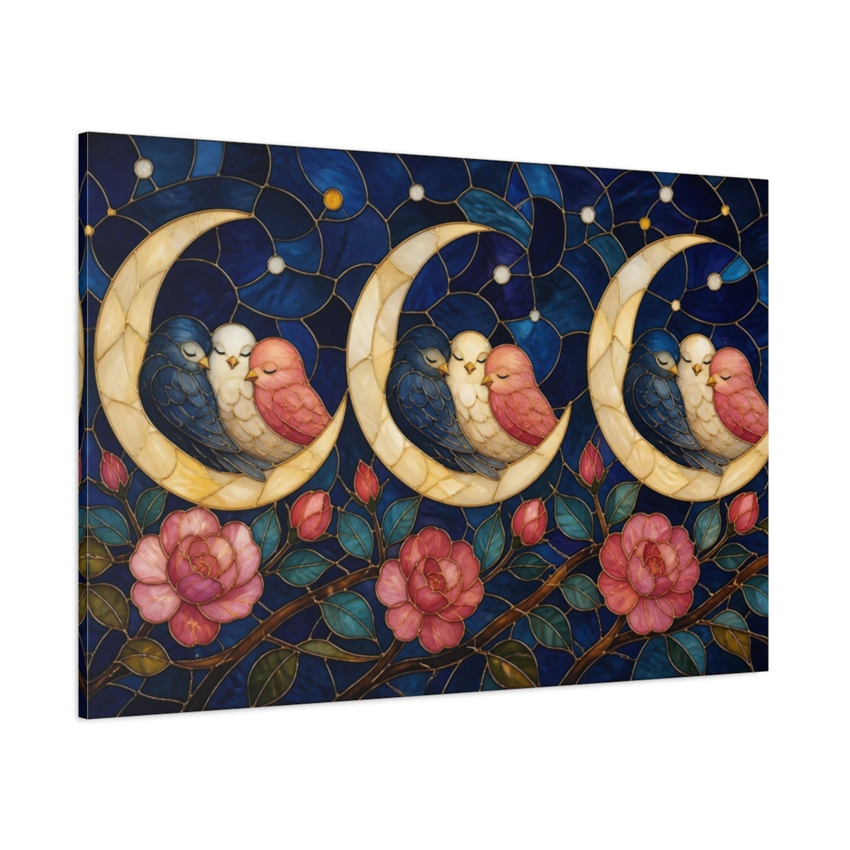 Side Mockup 1. Moonlit Birds On Crescent shown as canvas print