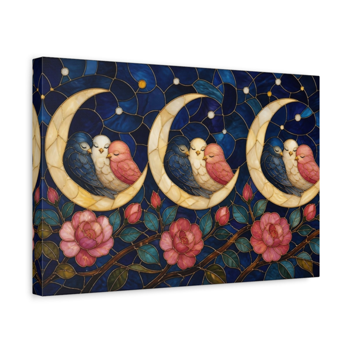 Side Mockup 4. Moonlit Birds On Crescent shown as canvas print