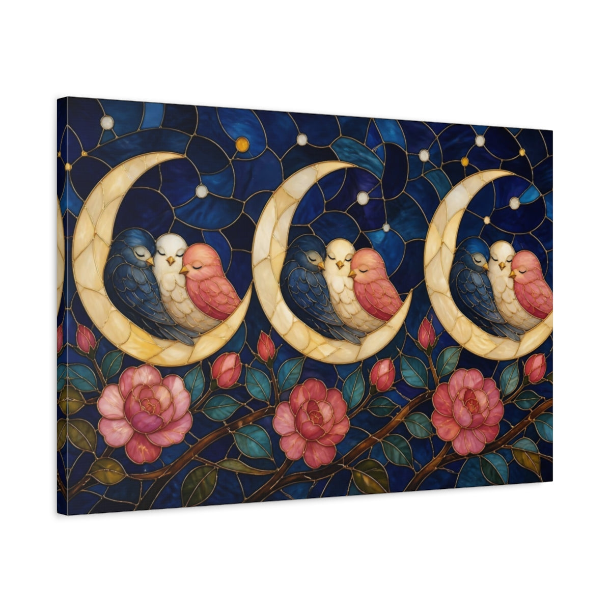 Side Mockup 2. Moonlit Birds On Crescent shown as canvas print