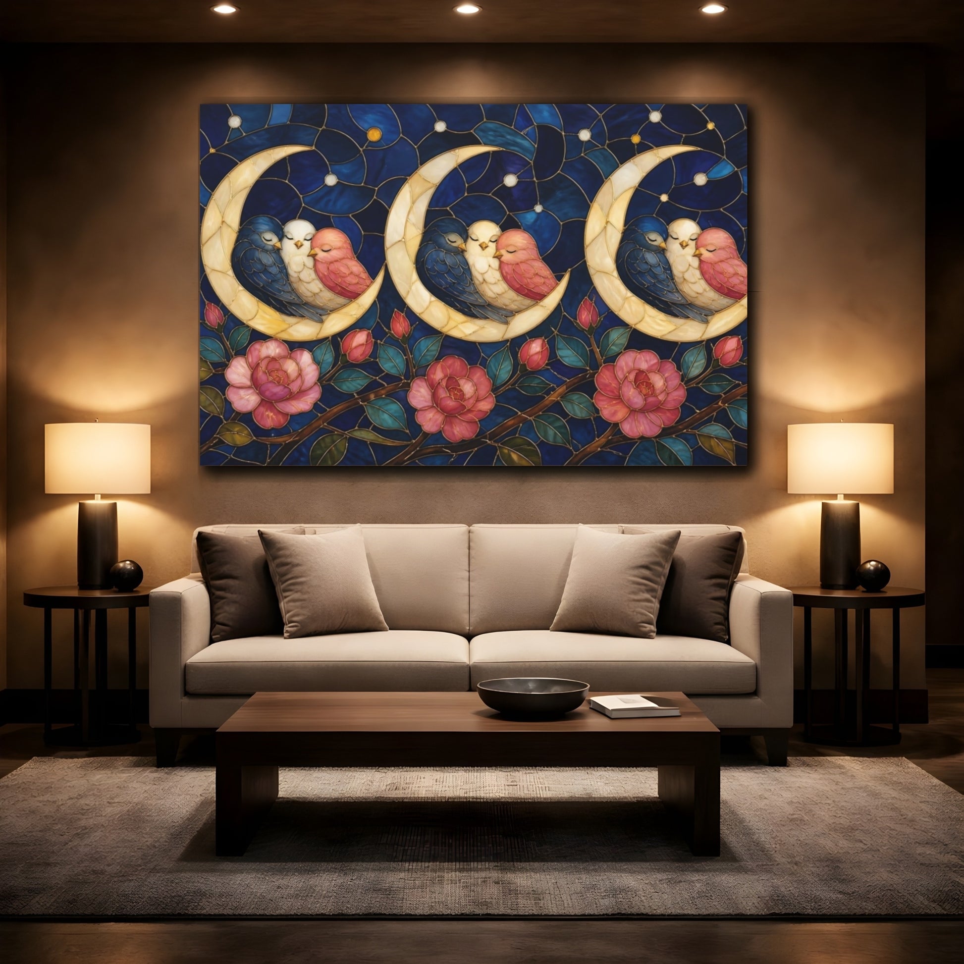 Mockup 2. Moonlit Birds On Crescent shown as canvas print