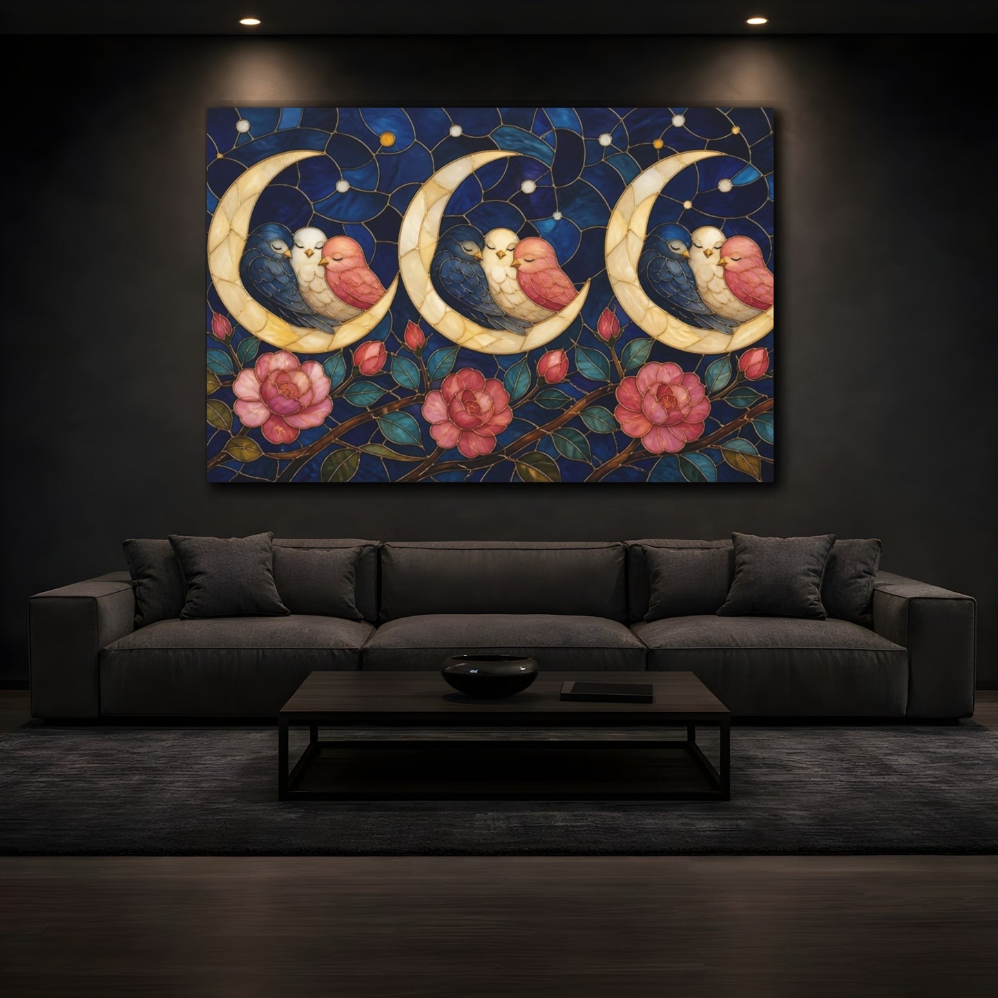 Mockup 3. Moonlit Birds On Crescent shown as canvas print