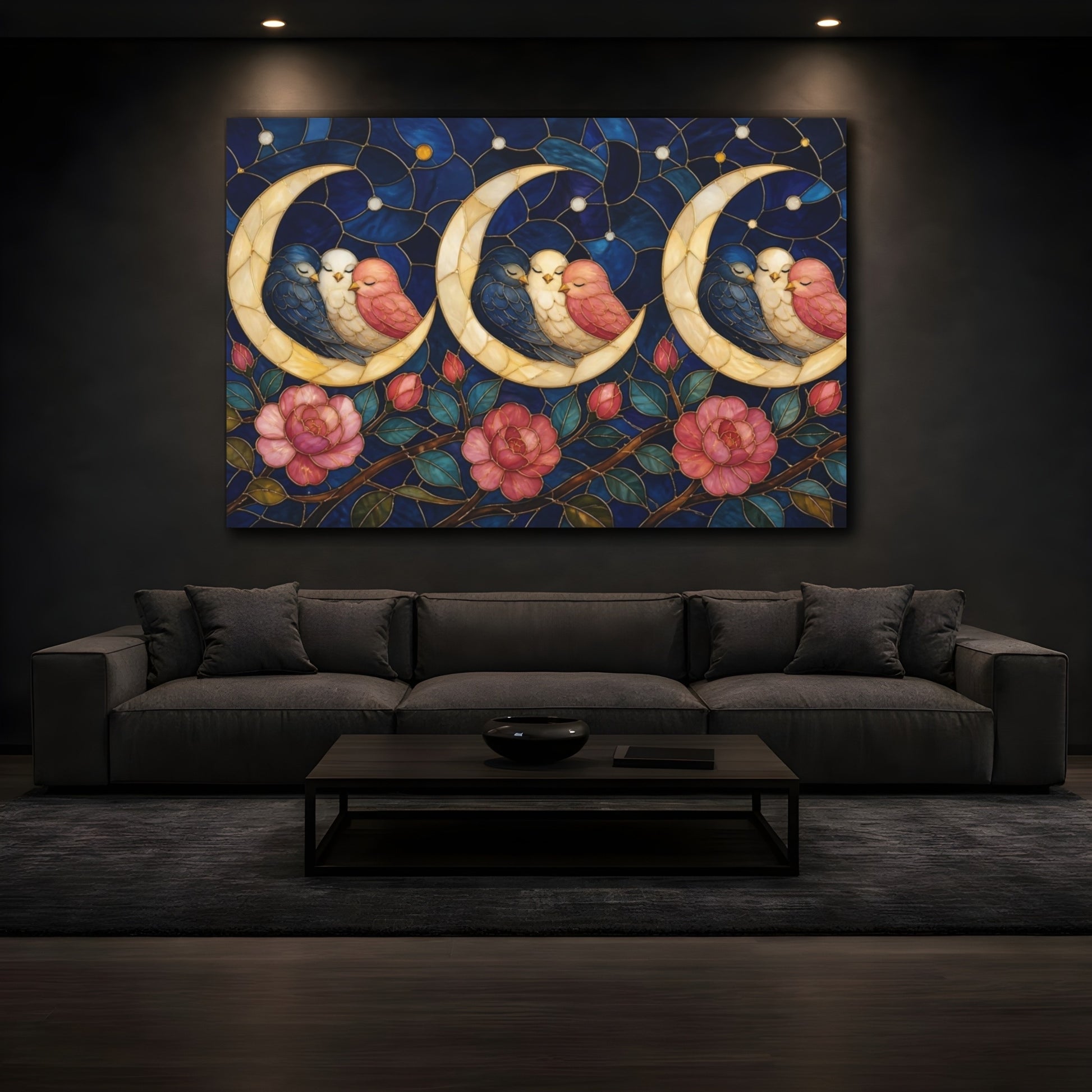 Mockup 3. Moonlit Birds On Crescent shown as canvas print