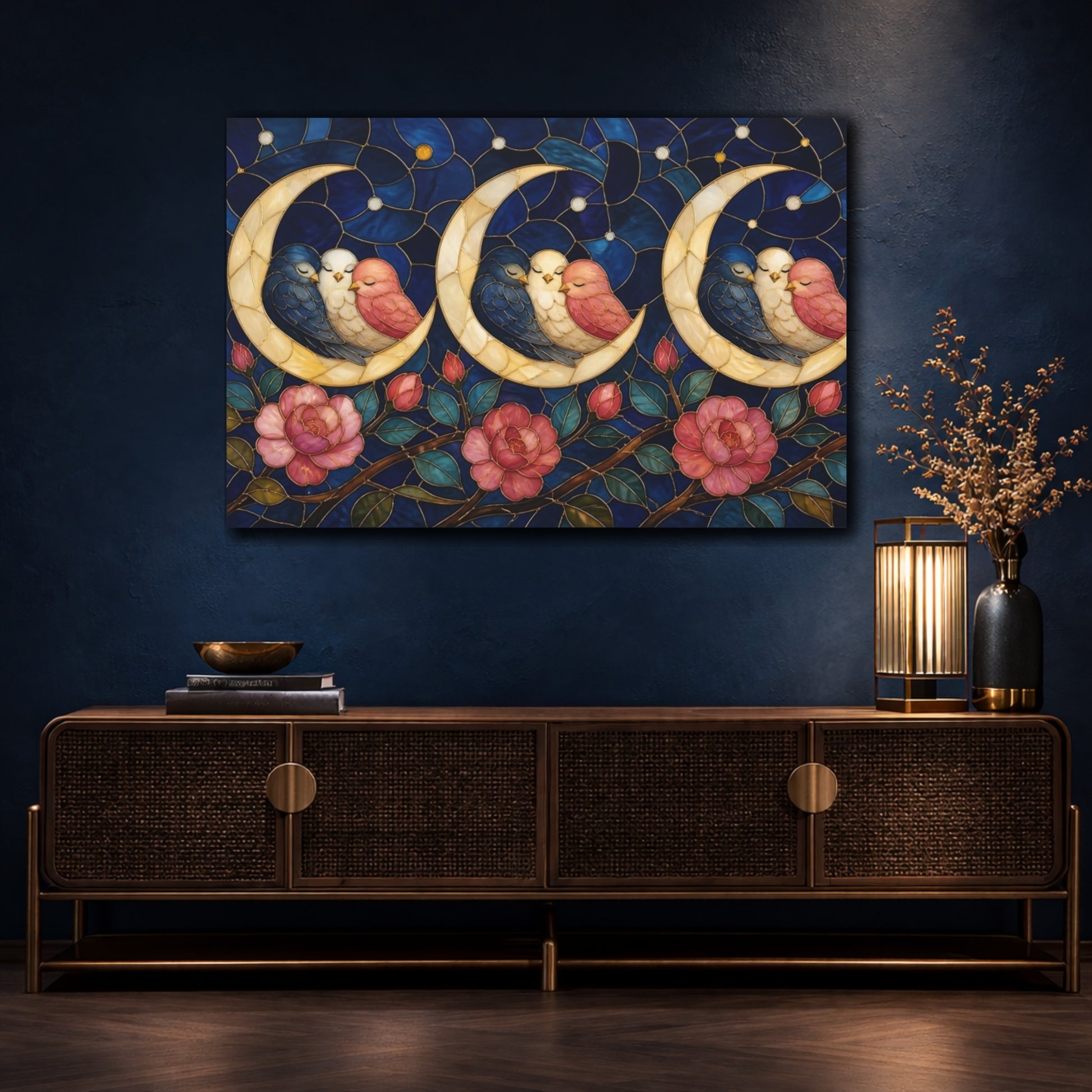 Mockup 4. Moonlit Birds On Crescent shown as canvas print