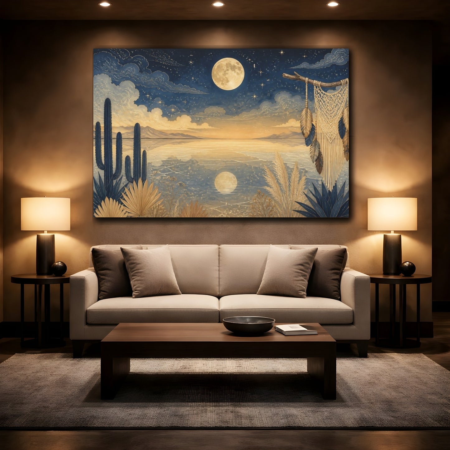 Mockup 2. Moonlit Cactus Landscape shown as canvas print