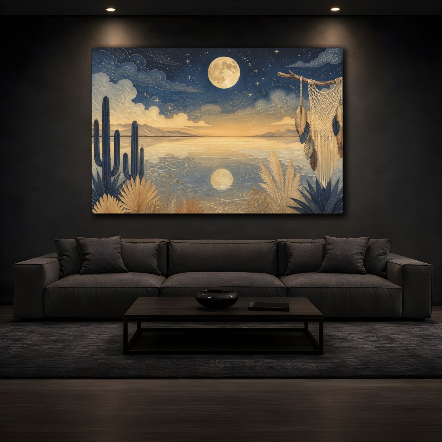 Mockup 3. Moonlit Cactus Landscape shown as canvas print
