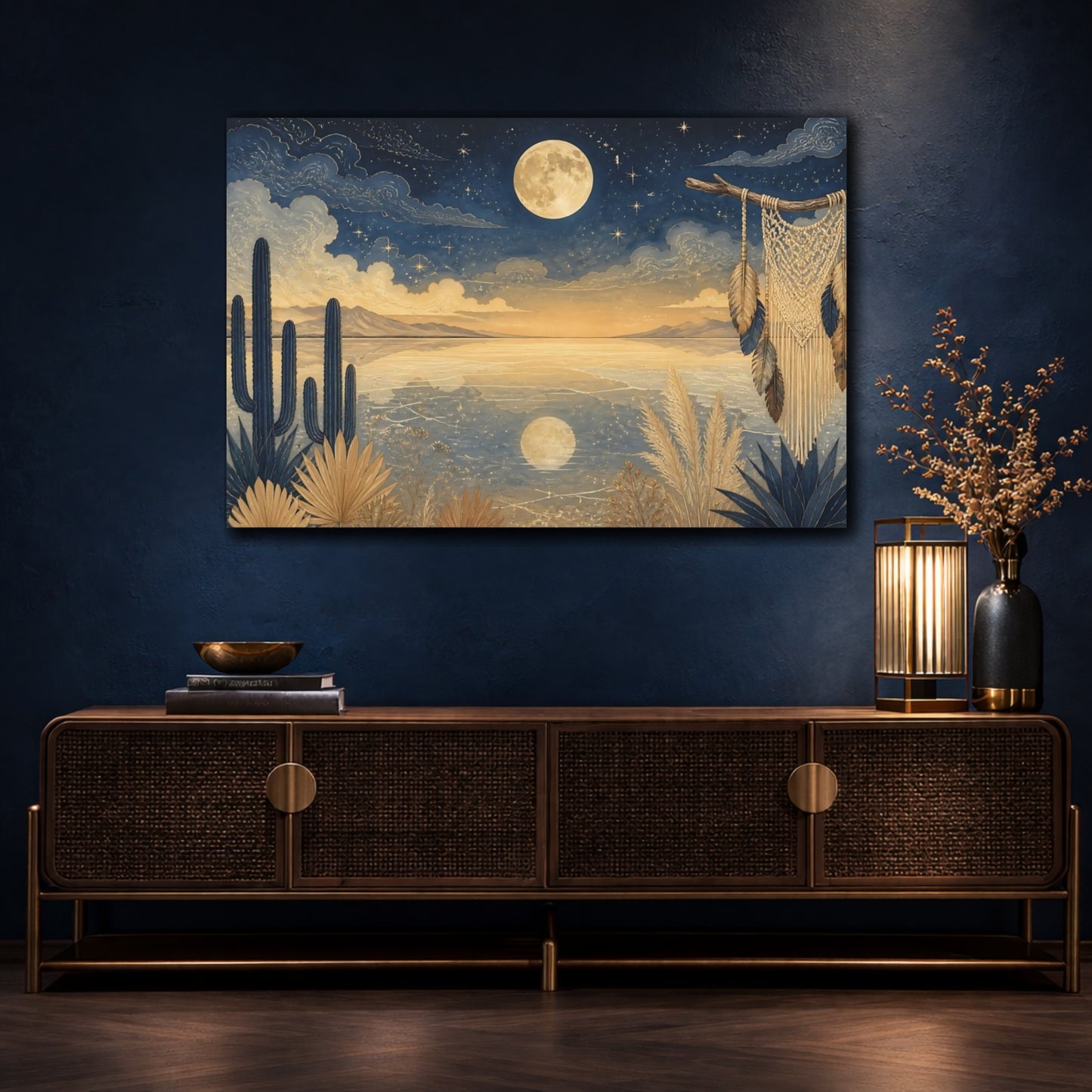 Mockup 4. Moonlit Cactus Landscape shown as canvas print