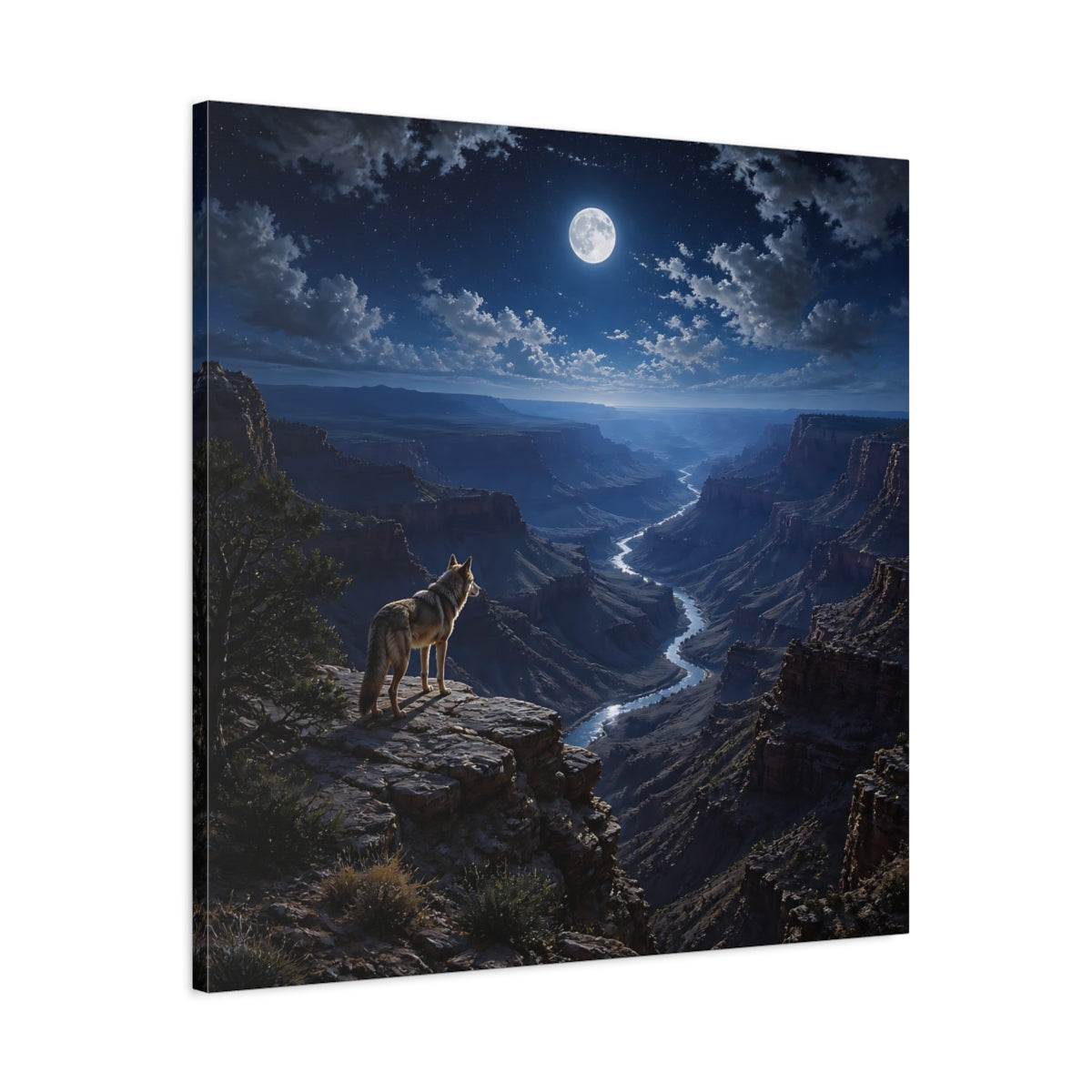 Side Mockup 3. Moonlit Canyon Coyote Landscape shown as canvas print