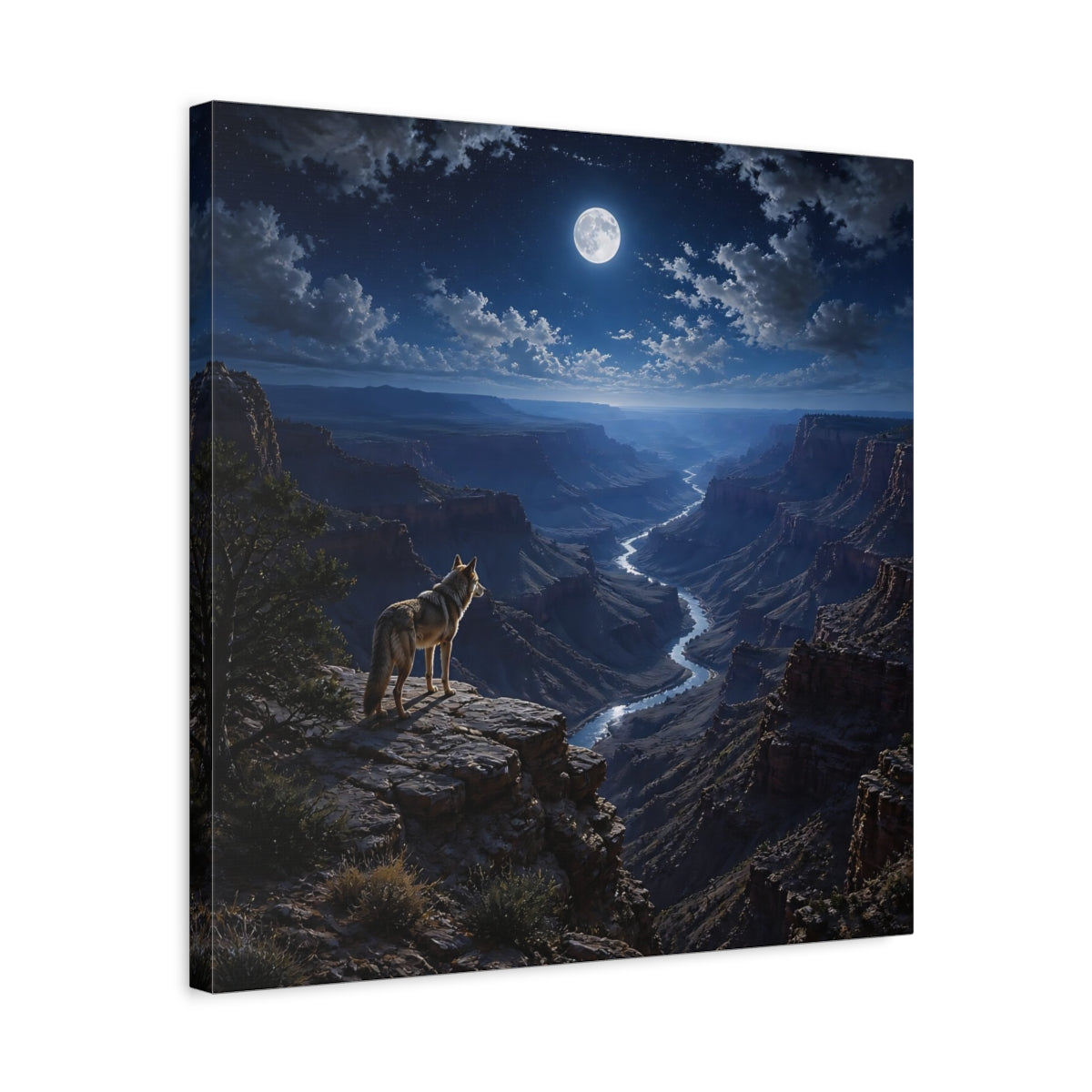 Side Mockup 5. Moonlit Canyon Coyote Landscape shown as canvas print